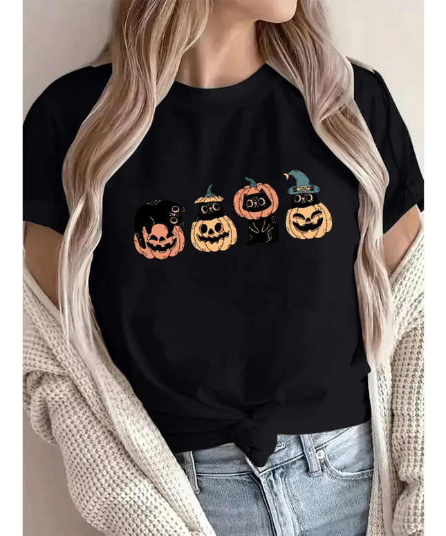 Retro Halloween Cat Comfort Colors T-Shirt Vintage Graphic Tees Summer Breathable Soft Women’s Cotton O-Neck Short Sleeve Tops