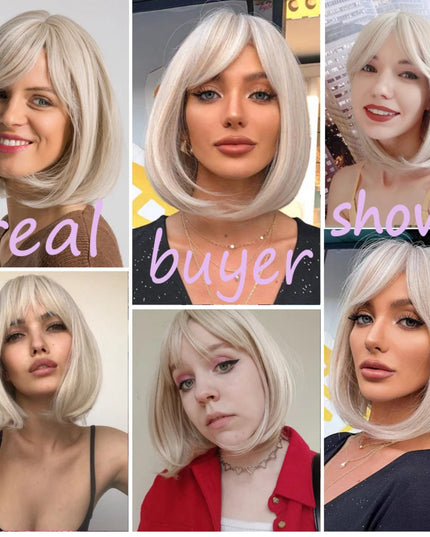 White Blonde Gray Synthetic Wigs with Bangs Short Straight Bob Hair Wig for Women Cosplay Daily Natural Hair Heat Resistant