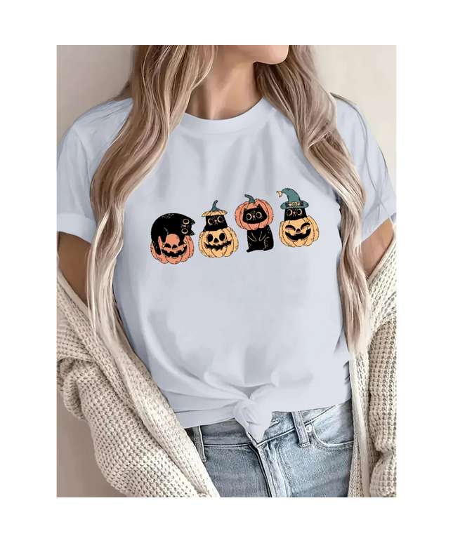 Retro Halloween Cat Comfort Colors T-Shirt Vintage Graphic Tees Summer Breathable Soft Women’s Cotton O-Neck Short Sleeve Tops