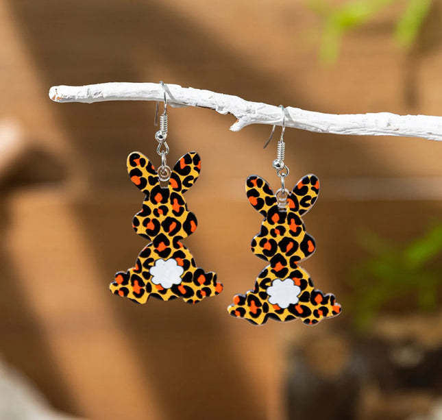 Leopard Print Bunny Dangle Earrings – Cute Easter Rabbit Acrylic Earrings with Tail Detail for Women & Girls