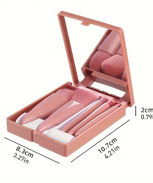 5-Piece Mini Makeup Brush Set with Mirror - Makeup Case with Mirror, Foundation Brush, Eyeshadow Brush, Foundation Blush Brush