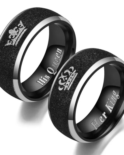 Her King and His Queen Letter Couple Rings For Women Men Crown Black 8MM Stainless Steel Matte Ring Lovers Wedding Jewelry