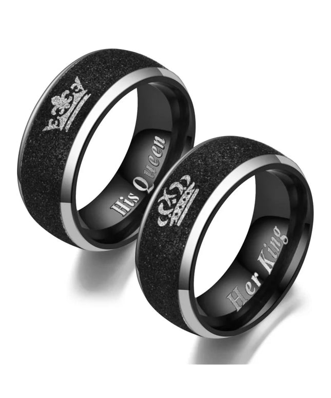 Her King and His Queen Letter Couple Rings For Women Men Crown Black 8MM Stainless Steel Matte Ring Lovers Wedding Jewelry