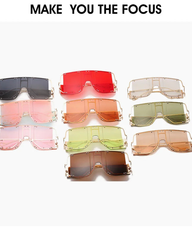 Fashion Square Goggle Sunglasses Women Oversized Metal Frame Vintage Glasses Men Shades Punk Glasses Luxury Brand Rivet Eyewear