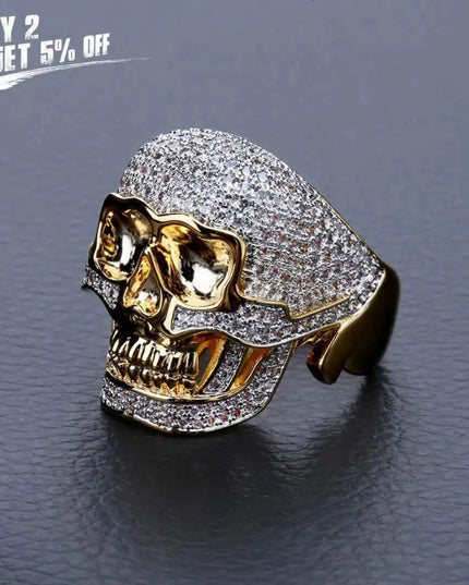 JINAO Hip Hop Copper Two Tone Skull Ring Iced Out Micro Paved Cubic Zircon Punk Fahion Ring for Men Women with 7,8,9,10,11 Size