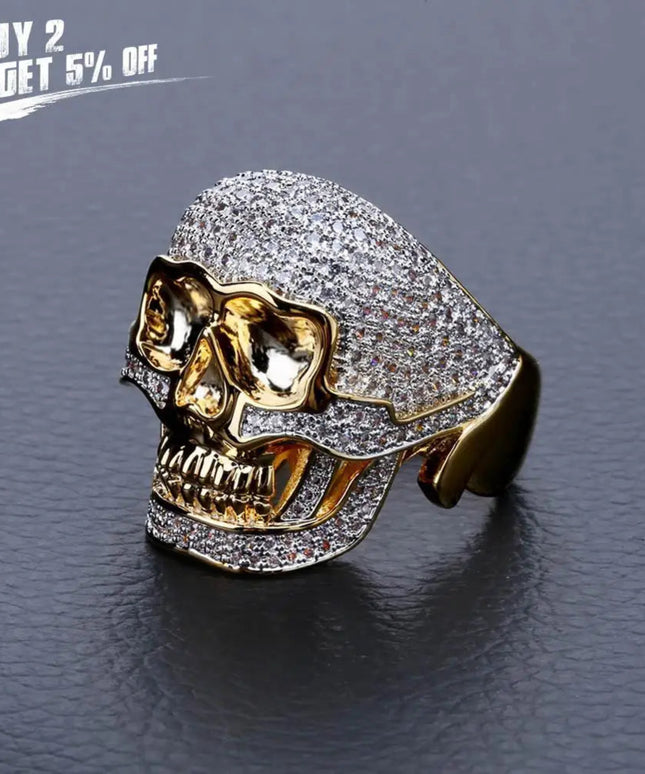 JINAO Hip Hop Copper Two Tone Skull Ring Iced Out Micro Paved Cubic Zircon Punk Fahion Ring for Men Women with 7,8,9,10,11 Size