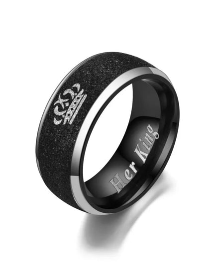 Her King and His Queen Letter Couple Rings For Women Men Crown Black 8MM Stainless Steel Matte Ring Lovers Wedding Jewelry