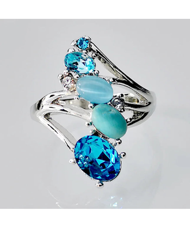 Classic Female Turquoise Oval Rings Charm Silver Color Engagement Ring Vintage Aqua Blue Zircon Stone Wedding Jewelry For Women