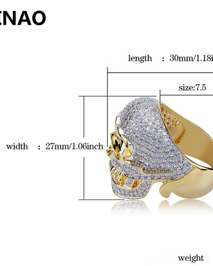 JINAO Hip Hop Copper Two Tone Skull Ring Iced Out Micro Paved Cubic Zircon Punk Fahion Ring for Men Women with 7,8,9,10,11 Size