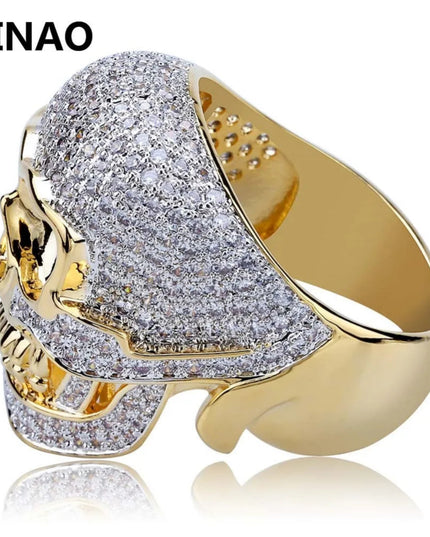 JINAO Hip Hop Copper Two Tone Skull Ring Iced Out Micro Paved Cubic Zircon Punk Fahion Ring for Men Women with 7,8,9,10,11 Size