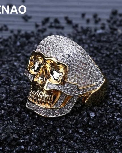 JINAO Hip Hop Copper Two Tone Skull Ring Iced Out Micro Paved Cubic Zircon Punk Fahion Ring for Men Women with 7,8,9,10,11 Size