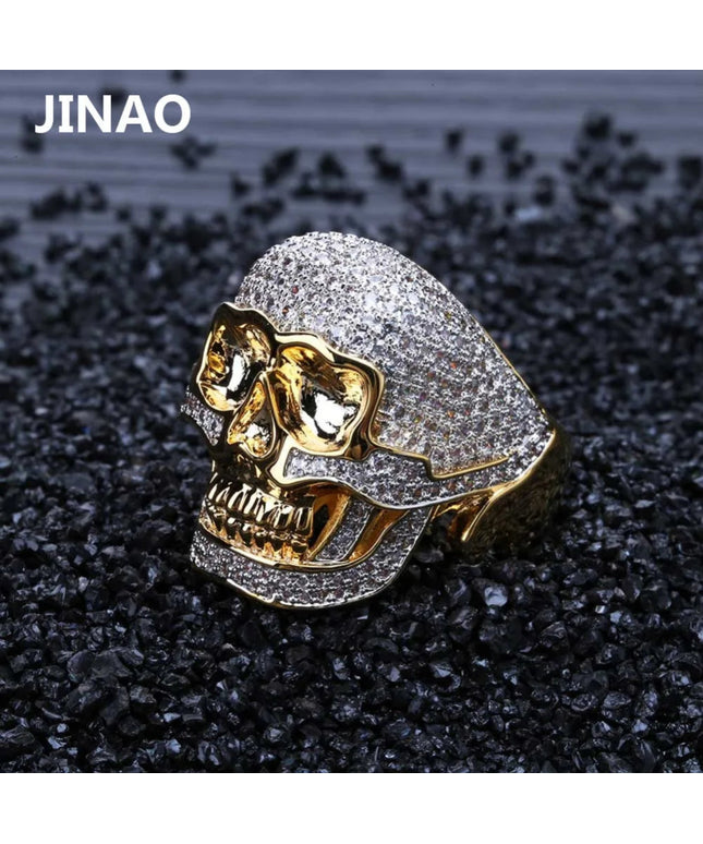 JINAO Hip Hop Copper Two Tone Skull Ring Iced Out Micro Paved Cubic Zircon Punk Fahion Ring for Men Women with 7,8,9,10,11 Size