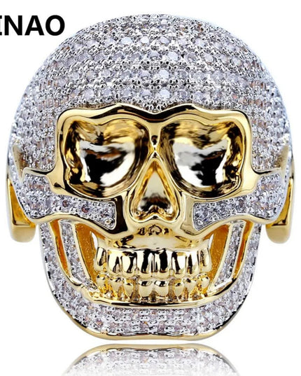 JINAO Hip Hop Copper Two Tone Skull Ring Iced Out Micro Paved Cubic Zircon Punk Fahion Ring for Men Women with 7,8,9,10,11 Size