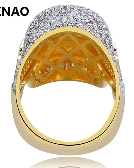 JINAO Hip Hop Copper Two Tone Skull Ring Iced Out Micro Paved Cubic Zircon Punk Fahion Ring for Men Women with 7,8,9,10,11 Size