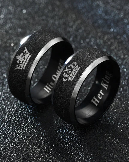 Her King and His Queen Letter Couple Rings For Women Men Crown Black 8MM Stainless Steel Matte Ring Lovers Wedding Jewelry