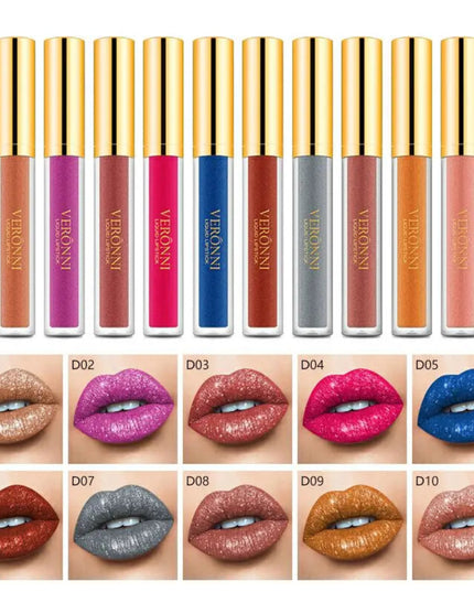 10 Colors Sexy Glitter Diamond Lip Gloss Shimmer Long Lasting Lip Makeup Waterproof Metallic Pearl Color Velvet Makeup for Women