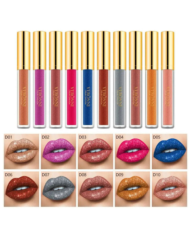 10 Colors Sexy Glitter Diamond Lip Gloss Shimmer Long Lasting Lip Makeup Waterproof Metallic Pearl Color Velvet Makeup for Women