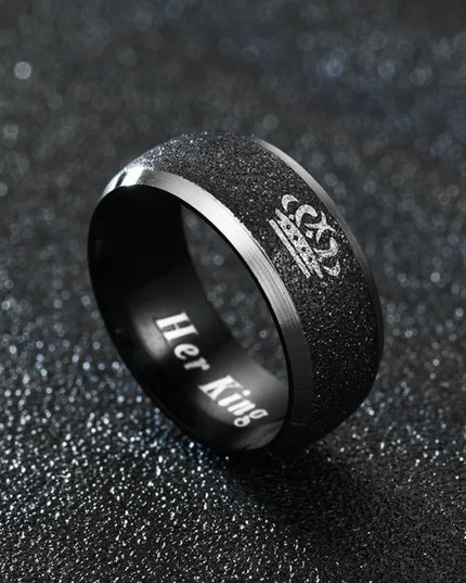 Her King and His Queen Letter Couple Rings For Women Men Crown Black 8MM Stainless Steel Matte Ring Lovers Wedding Jewelry