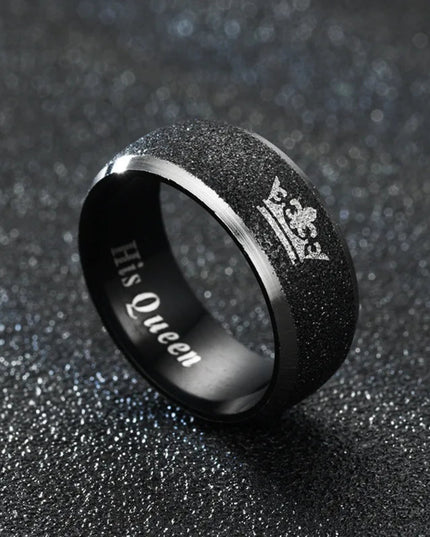 Her King and His Queen Letter Couple Rings For Women Men Crown Black 8MM Stainless Steel Matte Ring Lovers Wedding Jewelry
