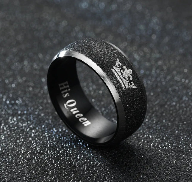 Her King and His Queen Letter Couple Rings For Women Men Crown Black 8MM Stainless Steel Matte Ring Lovers Wedding Jewelry
