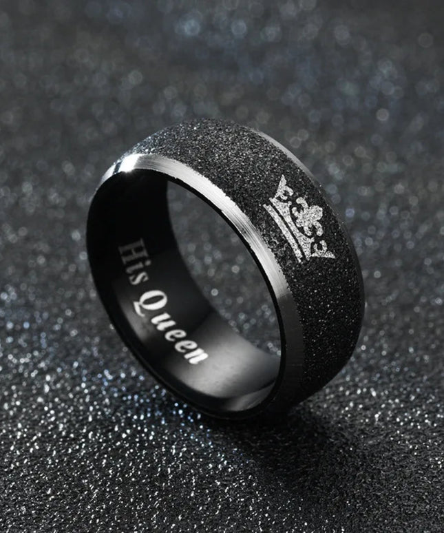 Her King and His Queen Letter Couple Rings For Women Men Crown Black 8MM Stainless Steel Matte Ring Lovers Wedding Jewelry