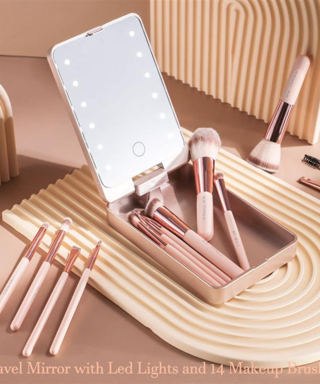 Tiktok Hot Sale Cross-Border New Products 14 Makeup Brushes Suit Rechargeable Luminous Mirror Short Portable Makeup Brush