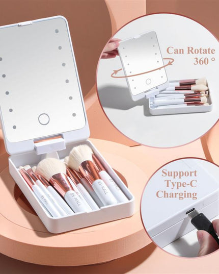 Tiktok Hot Sale Cross-Border New Products 14 Makeup Brushes Suit Rechargeable Luminous Mirror Short Portable Makeup Brush