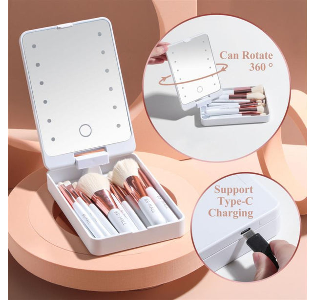 Tiktok Hot Sale Cross-Border New Products 14 Makeup Brushes Suit Rechargeable Luminous Mirror Short Portable Makeup Brush