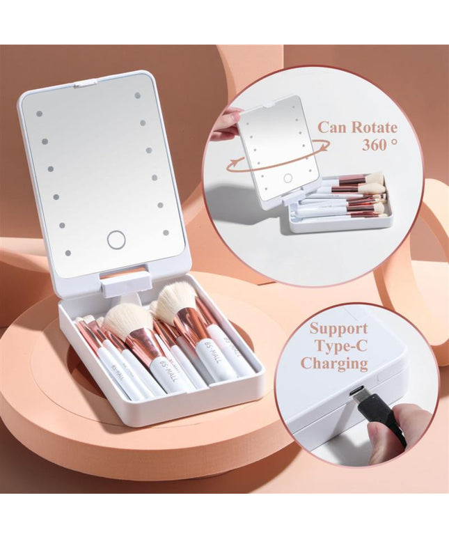 Tiktok Hot Sale Cross-Border New Products 14 Makeup Brushes Suit Rechargeable Luminous Mirror Short Portable Makeup Brush