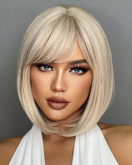 White Blonde Gray Synthetic Wigs with Bangs Short Straight Bob Hair Wig for Women Cosplay Daily Natural Hair Heat Resistant