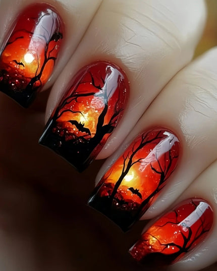 24PCS Halloween Medium Square False Nails with Glue Pumpkin Spider Web Patterns French Press on Nails Full Cover Wearable Nails
