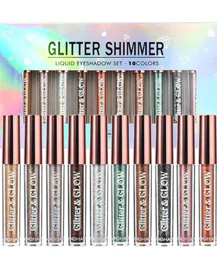 Set of 10 Sparkling Diamond Liquid Eyeshadows for a Glamorous Look