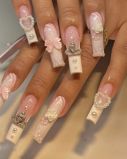 Rose Pink Long Coffin Fake Nails French Style Leopard Star Printed Press on Nails Y2K Girls Charms Manicure Black False Nails