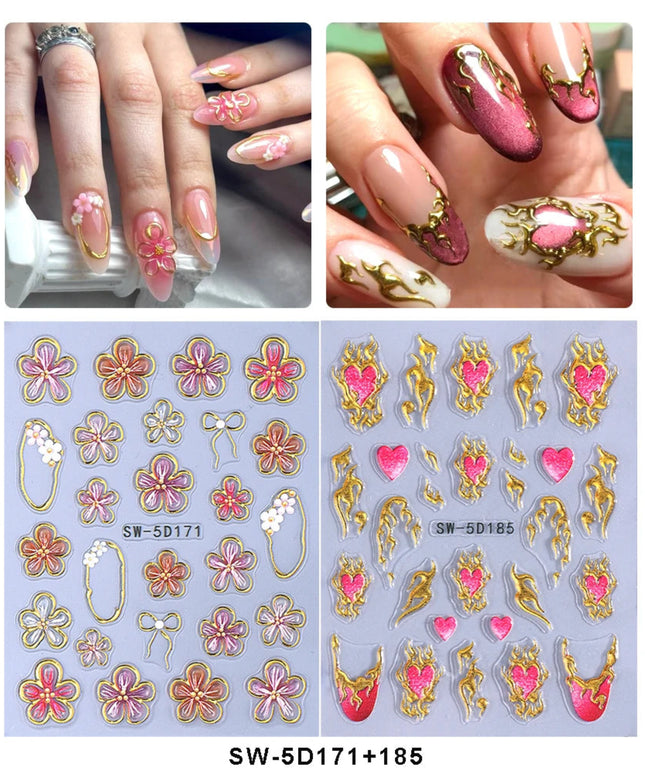 1/2pcs 5D Embossed Heart Flowers Line Nail Stickers Decal French Ribbon Bow Flame Adhesive Nail Art Slider Manicure Decorations