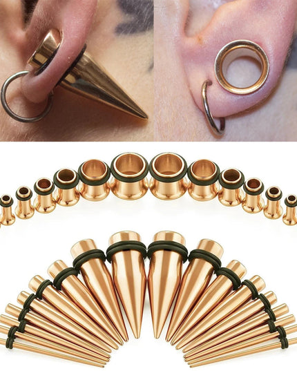9Pairs Stainless Steel Gold Color Ear Taper Stretching Kit Gauge Expenders Set-18pcs Tapers Or Tunnels Piercing Jewelry 1.6-10mm