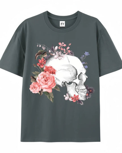 Skull And Flower Summer Print T-shirt Cotton Graphic Tees Y2k Street Wear Men Clothing New Cartoon Short Sleeve