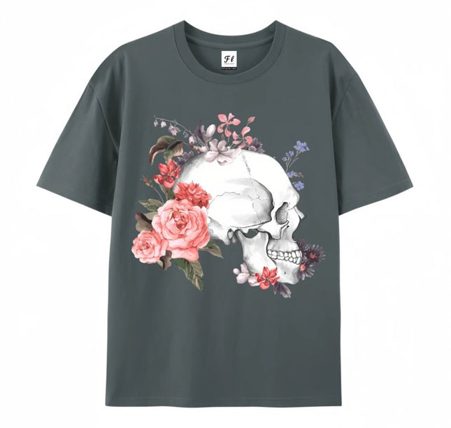 Skull And Flower Summer Print T-shirt Cotton Graphic Tees Y2k Street Wear Men Clothing New Cartoon Short Sleeve