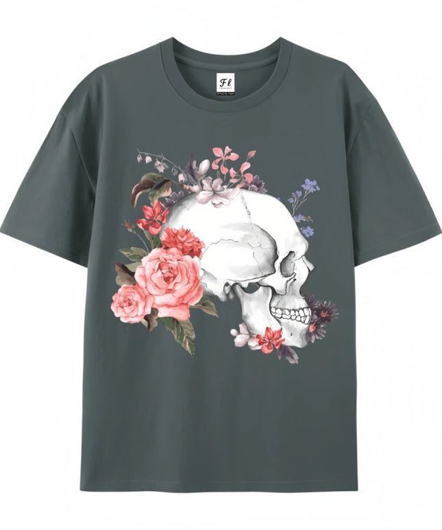 Skull And Flower Summer Print T-shirt Cotton Graphic Tees Y2k Street Wear Men Clothing New Cartoon Short Sleeve