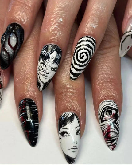 24Pcs Horror Comic Tomie Press on Nails Almond Glossy Black Japanese Anime Nails Reusable Halloween False Nail Tips for Girls