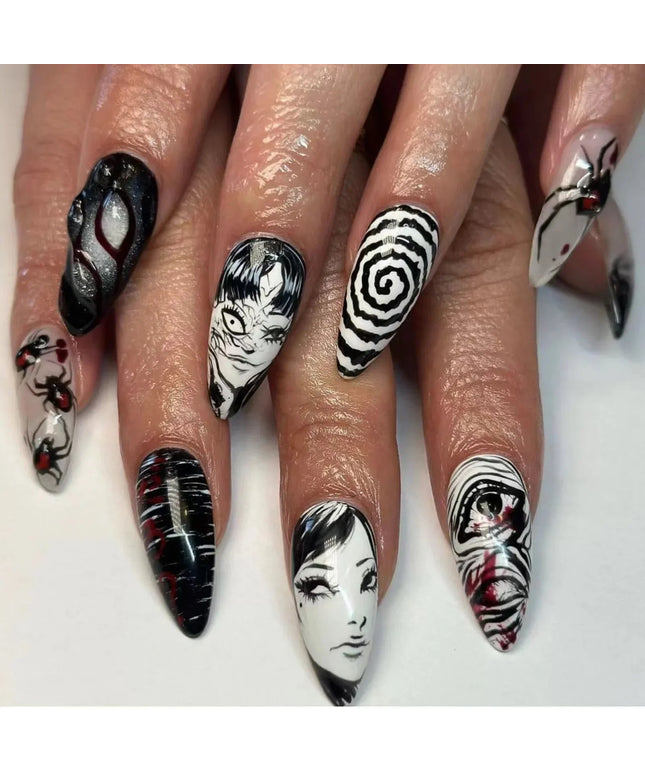 24Pcs Horror Comic Tomie Press on Nails Almond Glossy Black Japanese Anime Nails Reusable Halloween False Nail Tips for Girls