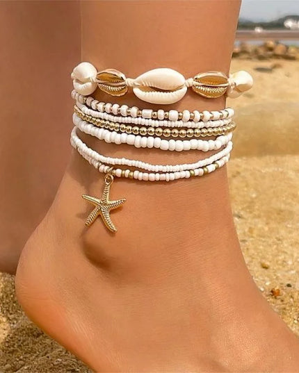 Colorful Starfish Pendant Rice Beads Beaded Anklet for Women Summer Fashion Multi-layer Bracelet Anklet Bohemian Leg Jewelry