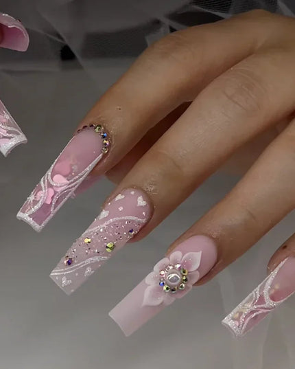 24pcs Colorful Diamond Glitter Removable Fake Nails Acyrlic Press on Nail Extra Long False Nails Square Girl White Stick-on Nail