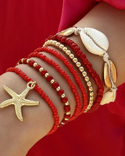 7Pcs Bohemian Shell Bracelet Set For Women Starfish Charm Rice Beads Wristband Bangle Girls Summer Beach Jewelry Accessories