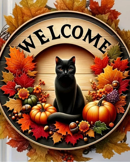 1pc 20cm Round Autumn Welcome Sign, Black Cat & Pumpkin Design, Fall - Themed Hanging Decor for Home Entrance