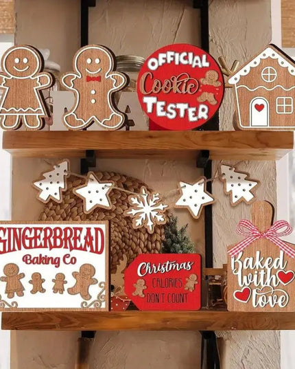 12-Piece Wooden Christmas Tiered Tray Set: Featuring Colorful Snowmen, Gingerbread, and Santa Signs for Festive Cheer