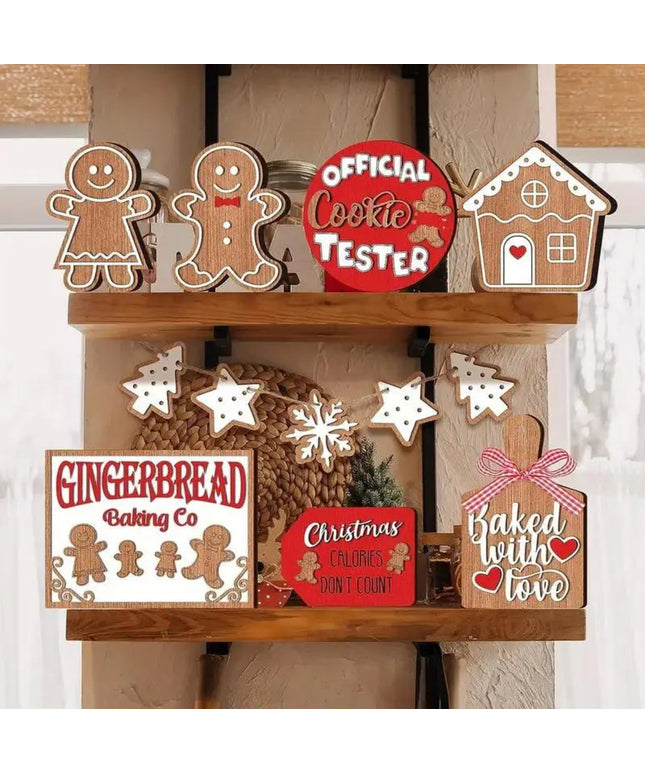 12-Piece Wooden Christmas Tiered Tray Set: Featuring Colorful Snowmen, Gingerbread, and Santa Signs for Festive Cheer
