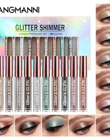 Set of 10 Sparkling Diamond Liquid Eyeshadows for a Glamorous Look