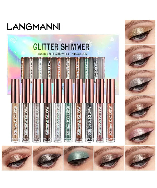 Set of 10 Sparkling Diamond Liquid Eyeshadows for a Glamorous Look