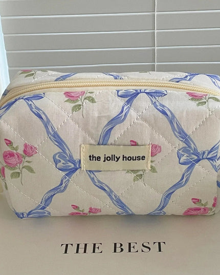 Cute Bow Flower Quilting Cotton Makeup Bag Women Zipper Cosmetic Organizer Female Cloth Handbag Portable Toiletry Case for Girls