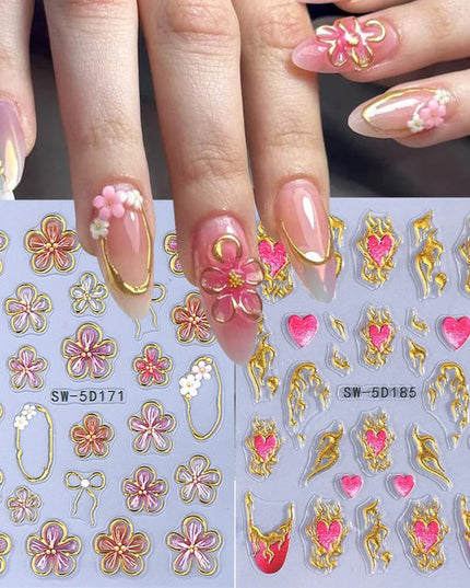1/2pcs 5D Embossed Heart Flowers Line Nail Stickers Decal French Ribbon Bow Flame Adhesive Nail Art Slider Manicure Decorations